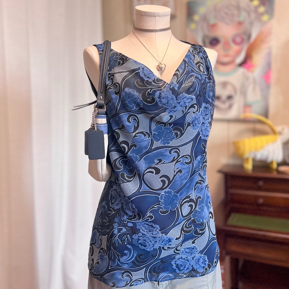 Ann Taylor Blue Floral Paisley Cowl Neck Sleeveless Chiffon Blouse Top Size 12